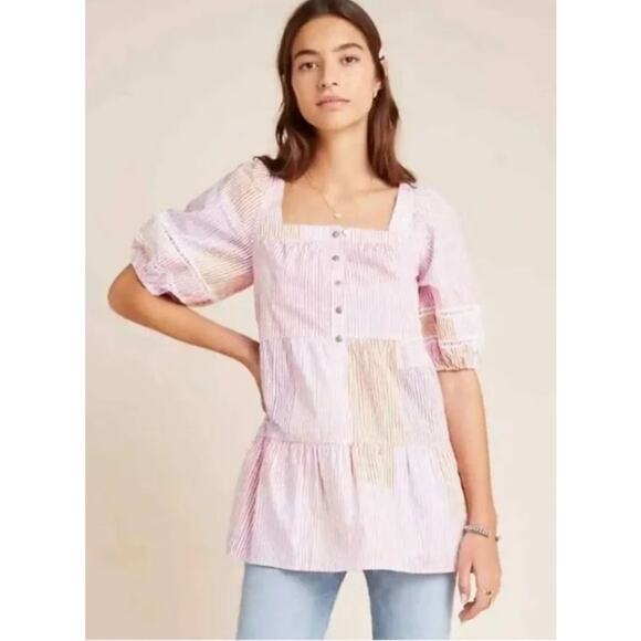 MAEVE by Anthropologie Gable Tiered Striped Square Neck Tunic Top Pink Sz S - Picture 1 of 9